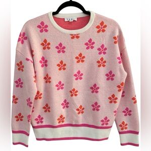THML Women’s White Orange Pink Retro Flower Jacquard Crew Neck‎ Sweater Small